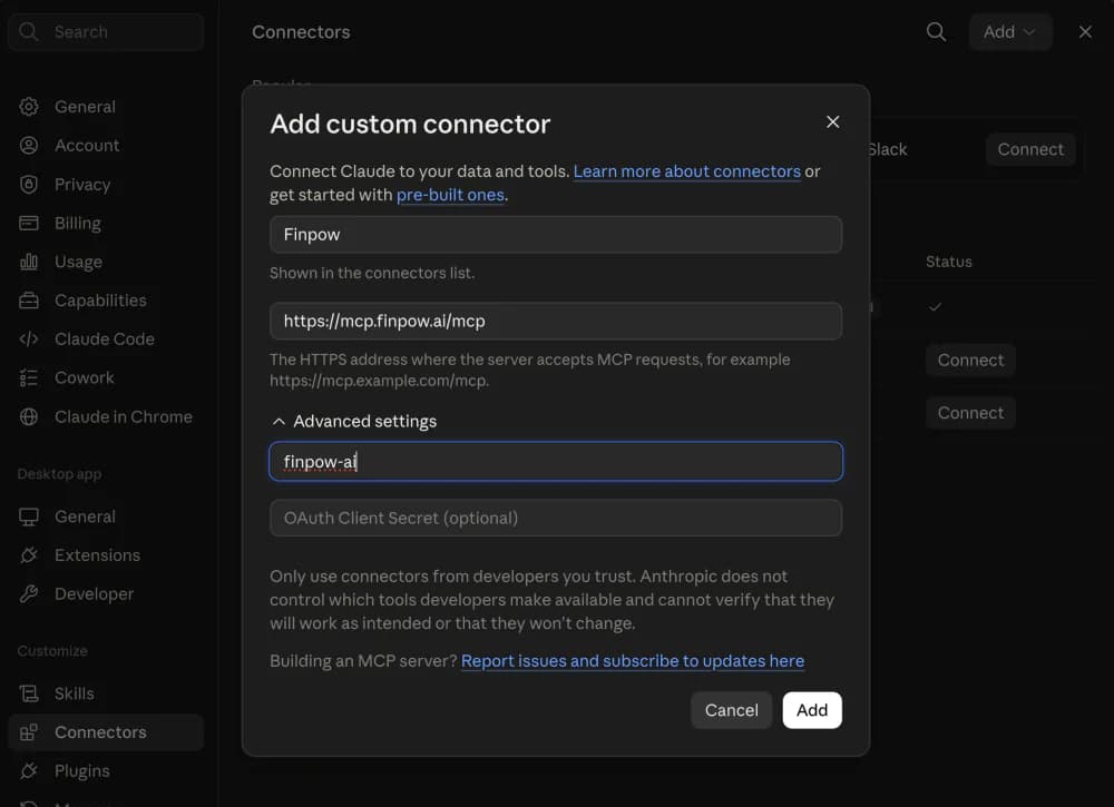 หน้าจอเพิ่ม custom connector สำหรับ FinPow MCP ใน Claude